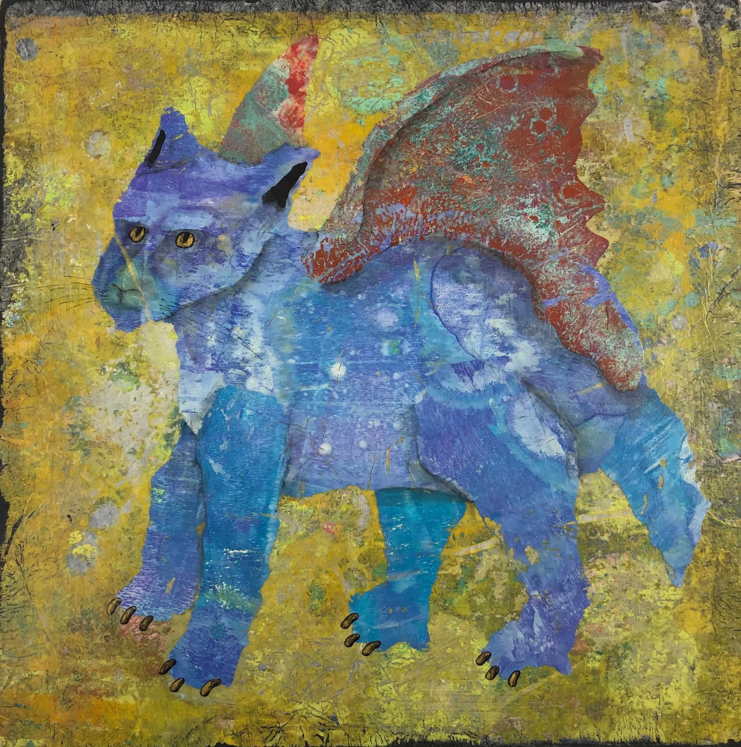 Flying Cat, 2020. acrylic/wax on panel, 12 × 12 in.