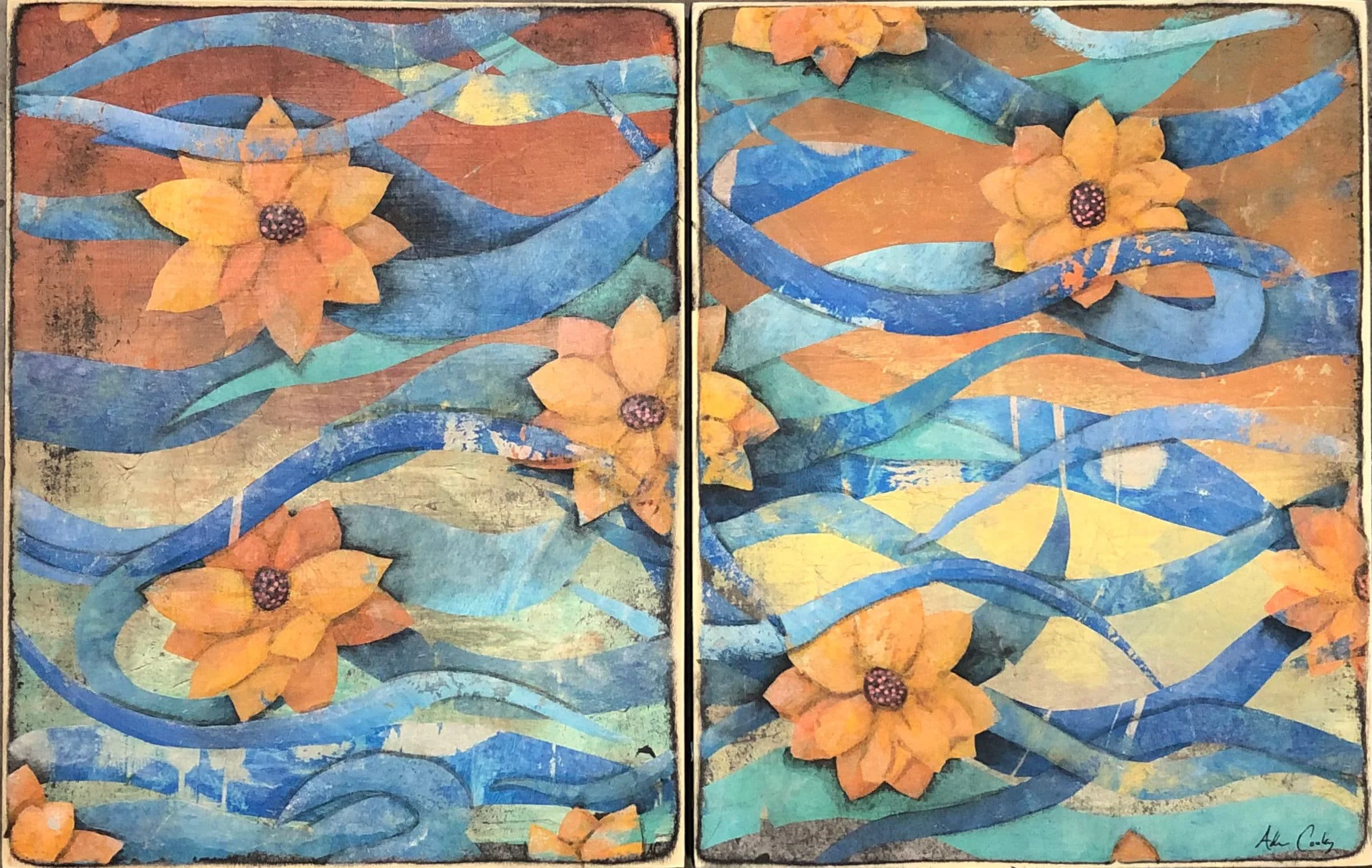 River of Color (diptych), 2023. acrylic/wax on panel, 14 × 22 in.