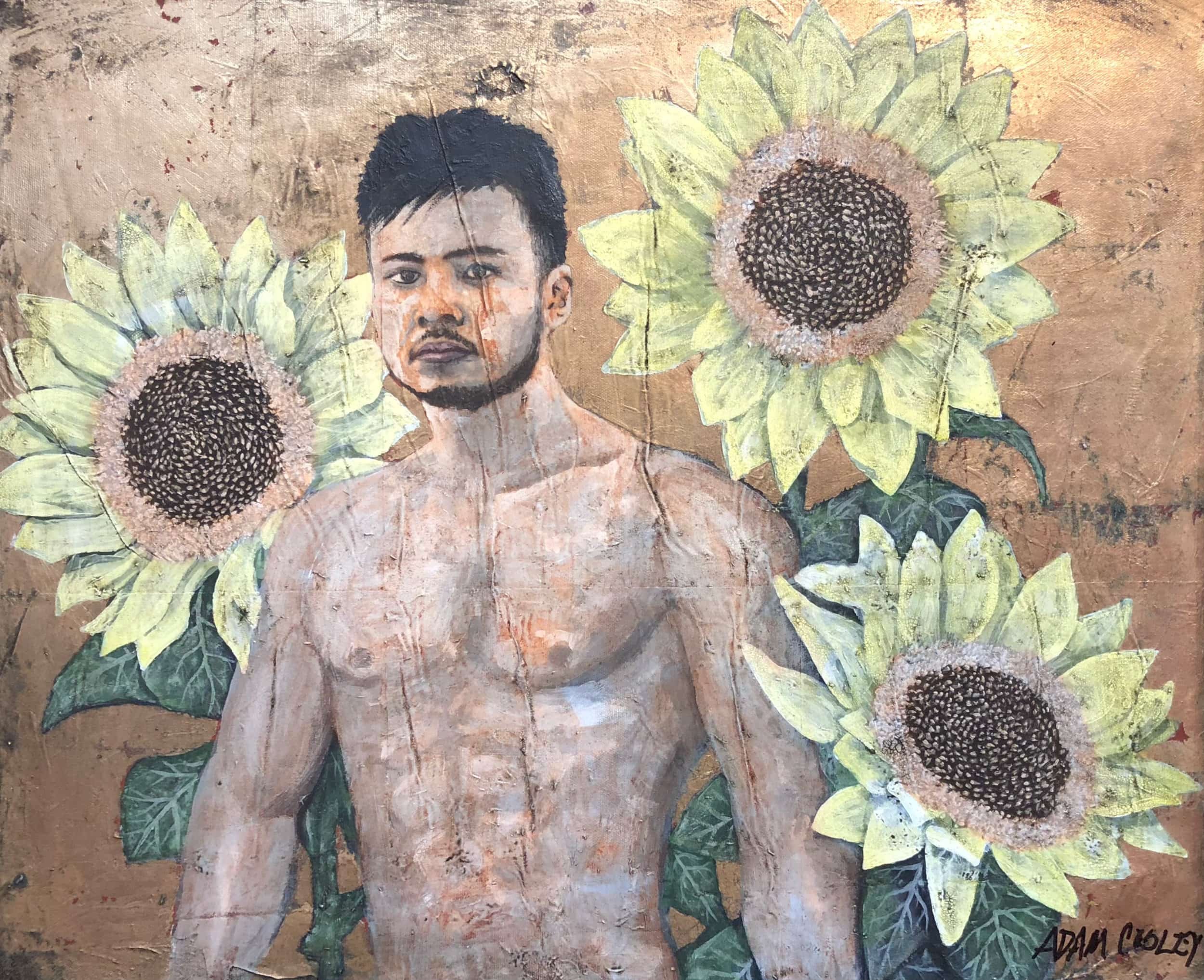Douglas and Sunflowers, 2017. acrylic/oil on canvas, 21 × 25 in.