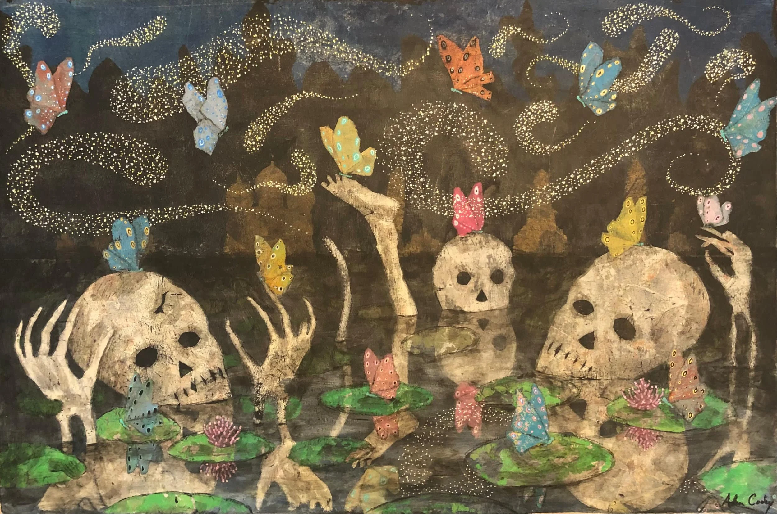 Wonderful Death, 2024. acrylic/oil/wax on panel, 24 × 36 in.