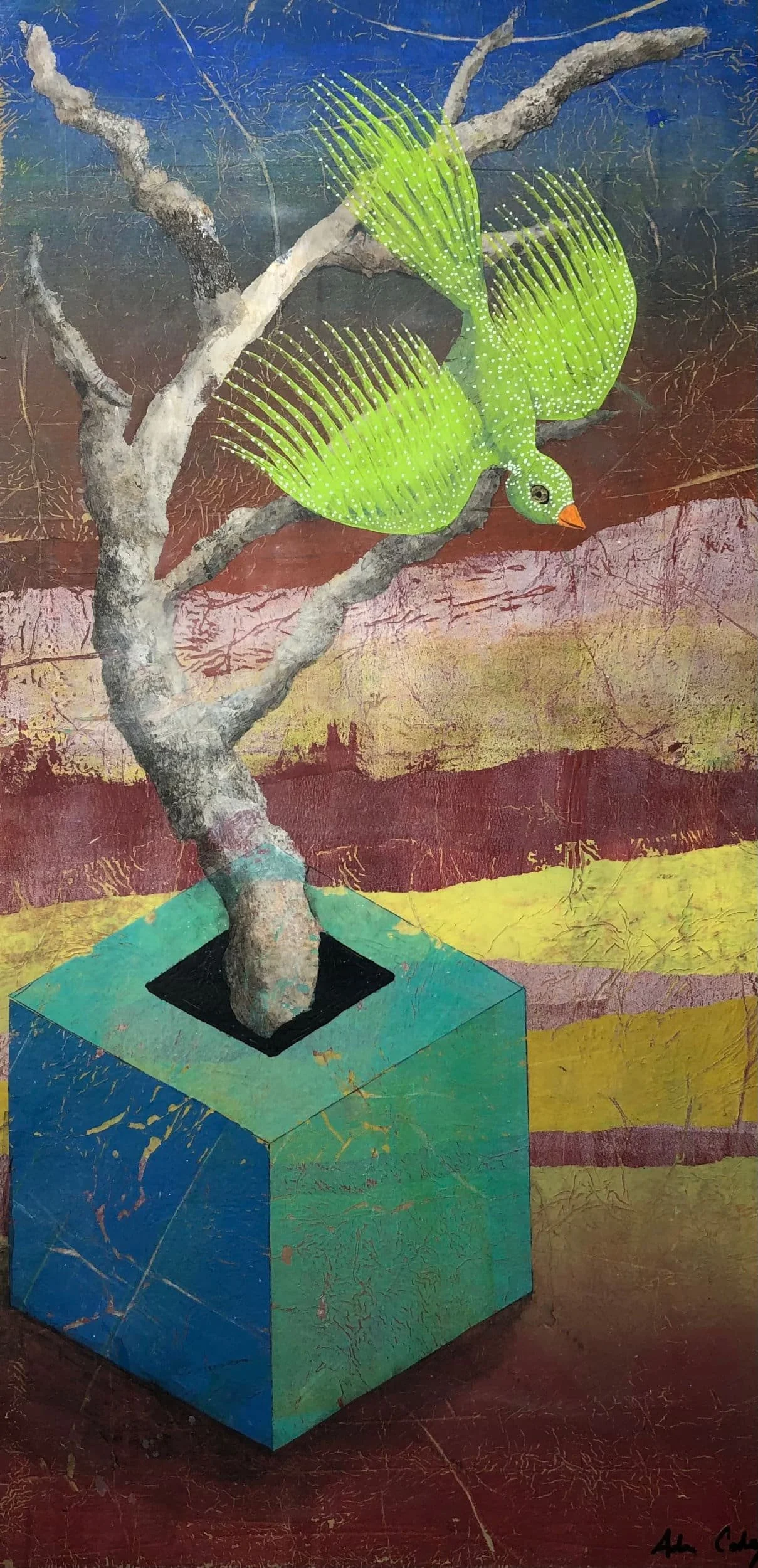 Green Love Bird, 2020. acrylic/wax on panel, 24 × 12 in.