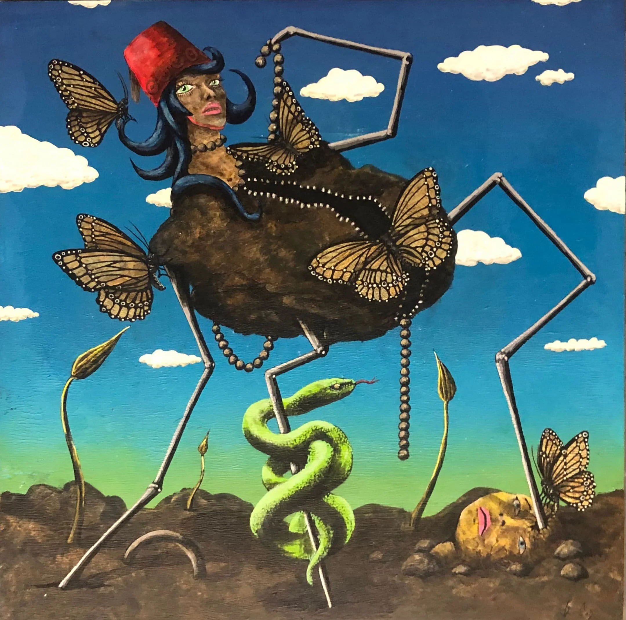 The Butterfly Court of Pearls and Lies, 2025. acrylic on panel, 24 × 24 in.