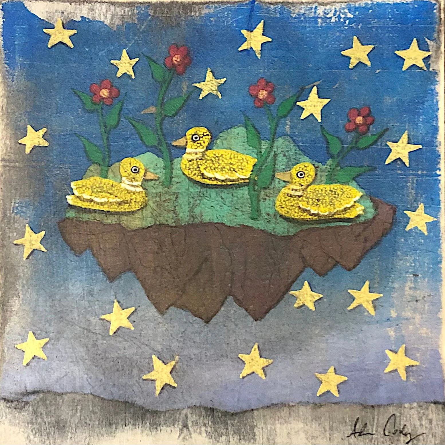 Three Yellow Ducks, 2023,
acrylic/wax on panel, 12 × 12 in.