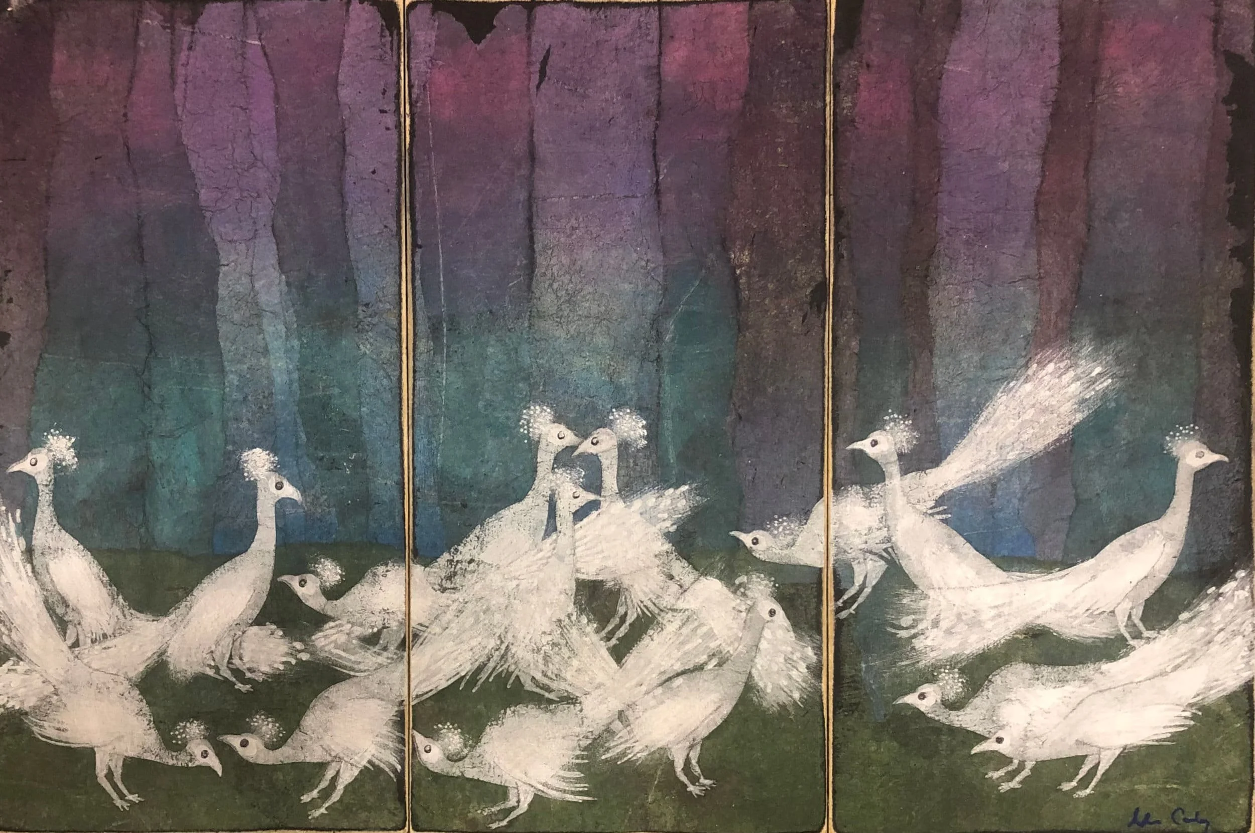 White Birds Meeting, 2021. acrylic/wax on canvas, 16 × 24 in.