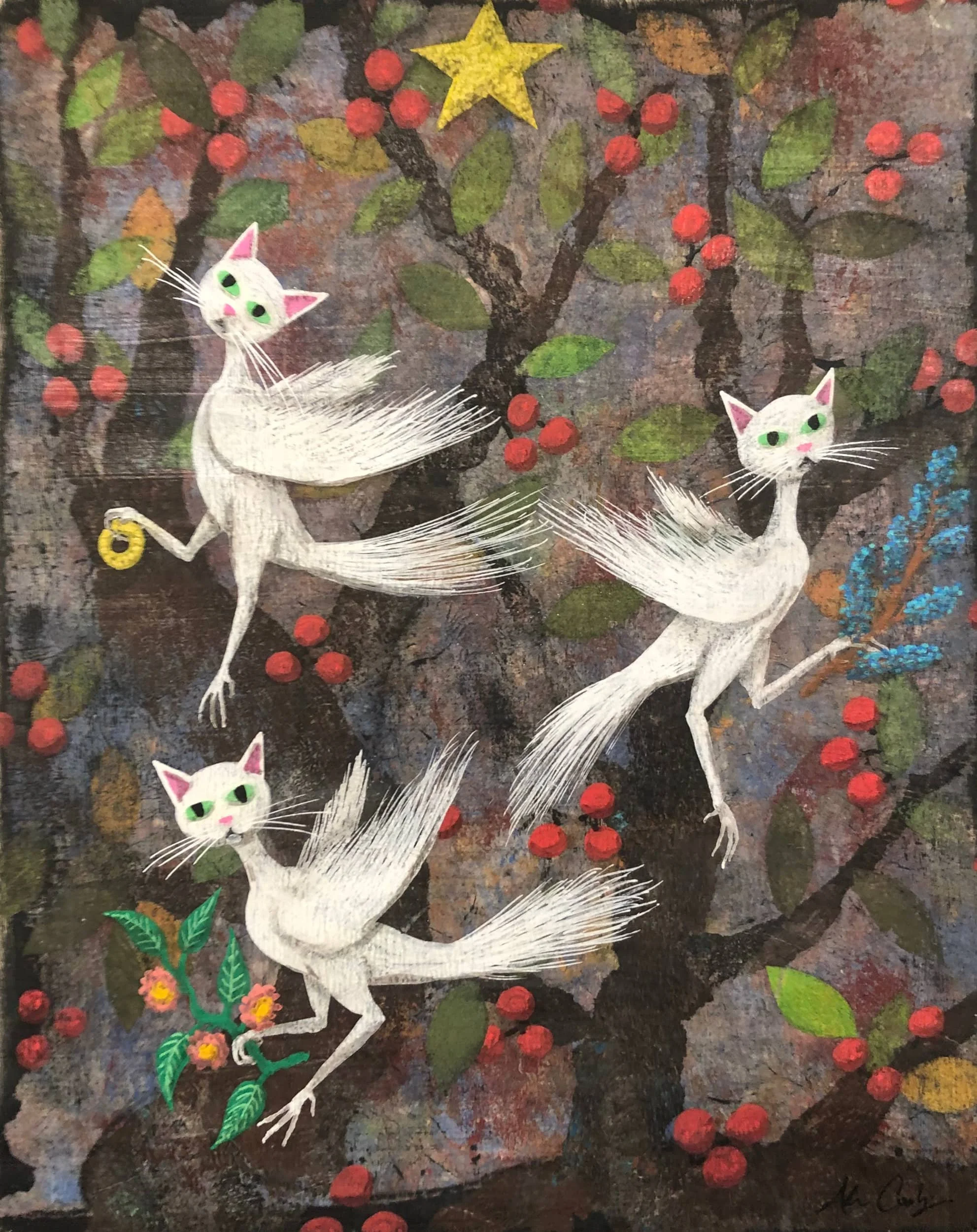 Catbird Tree, 2023. acrylic/wax on panel, 14 × 11 in.