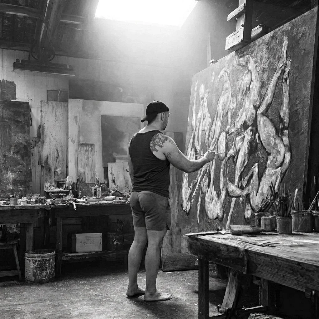 Contemporary artist Adam Cooley painting a large abstract figure in his studio.