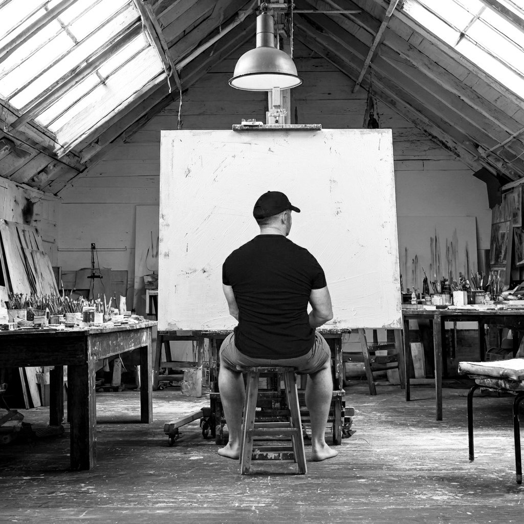 Adam Cooley in his art studio preparing a large canvas for a new painting.