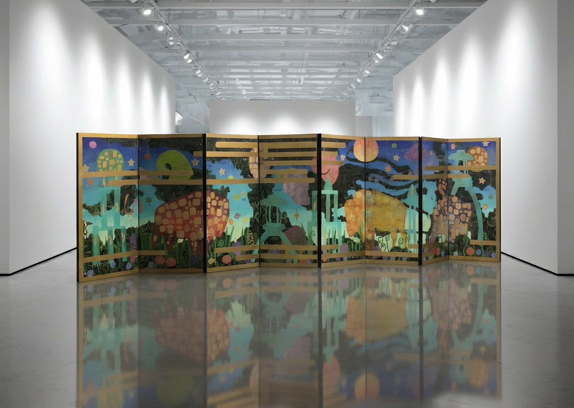 Installation view of Adam Cooley artwork, Buffalo Dreaming, featuring a large colorful multi-panel piece with abstract and whimsical scenes displayed in a gallery.