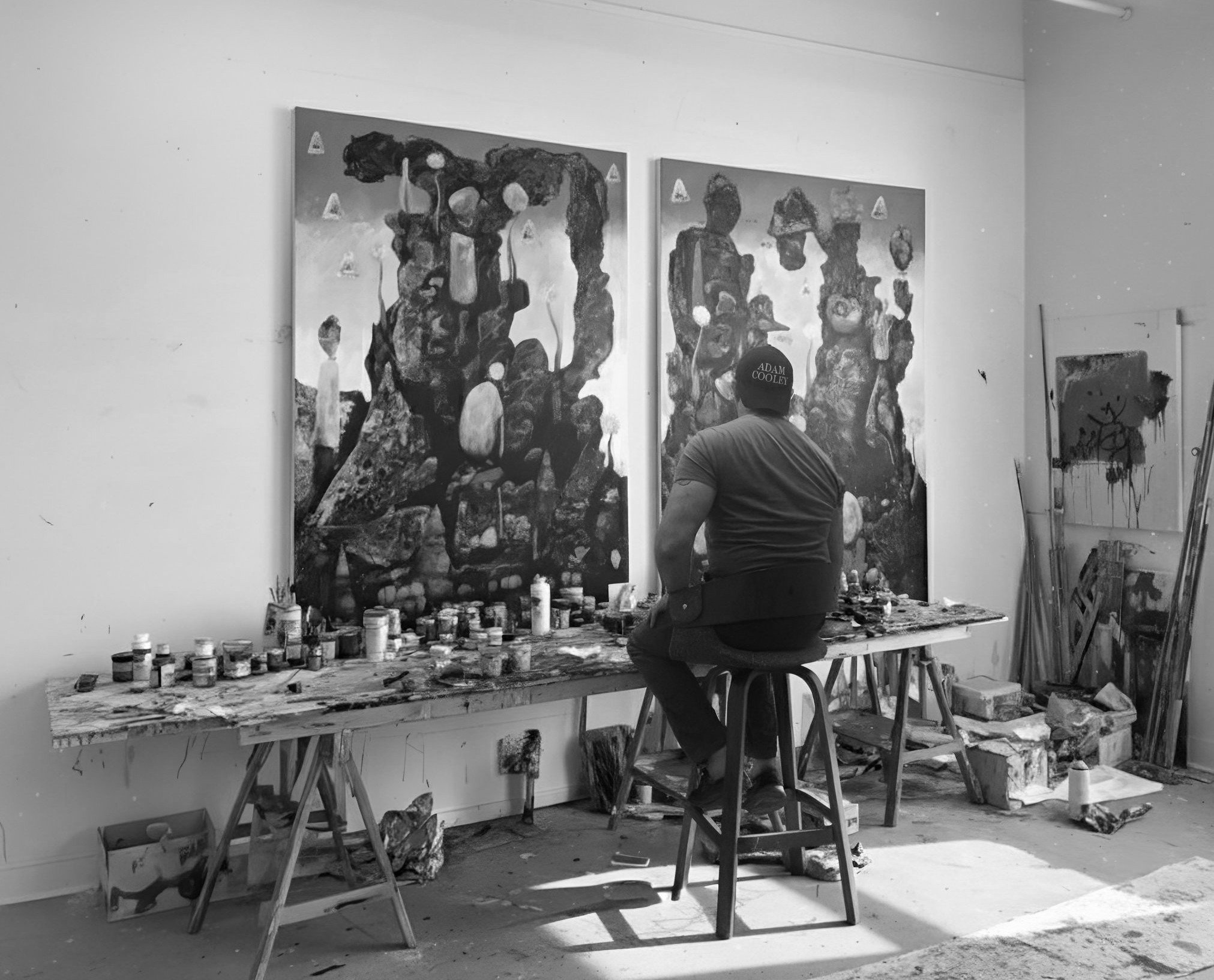 Adam Cooley standing in front of two large abstract paintings in his studio, with art supplies and paint cans on a worktable below.