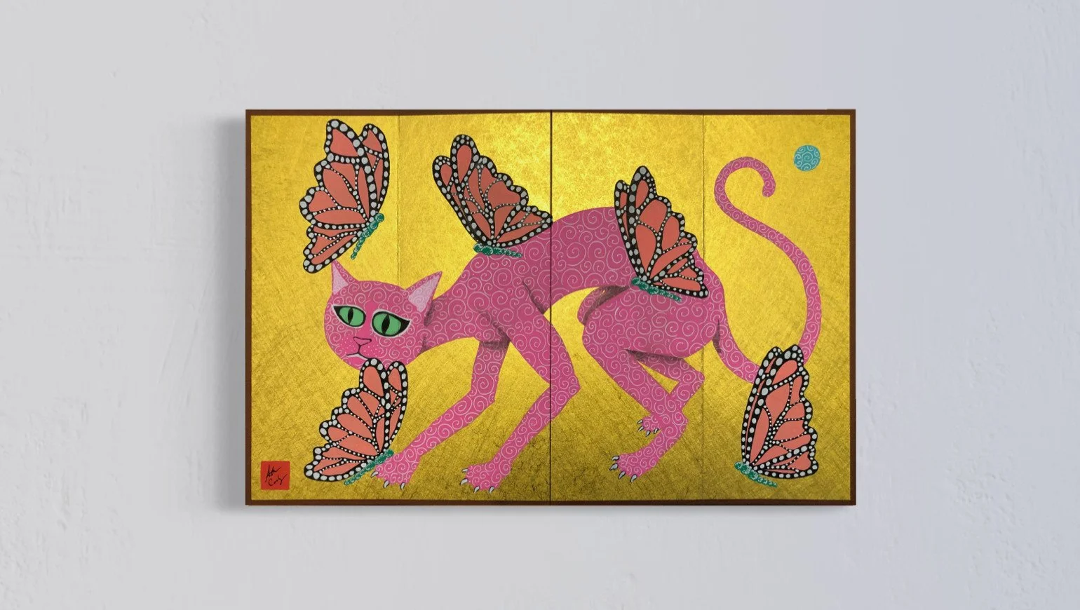 Adam Cooley, painting of a pink feline with green eyes and butterfly wings on a gold background.