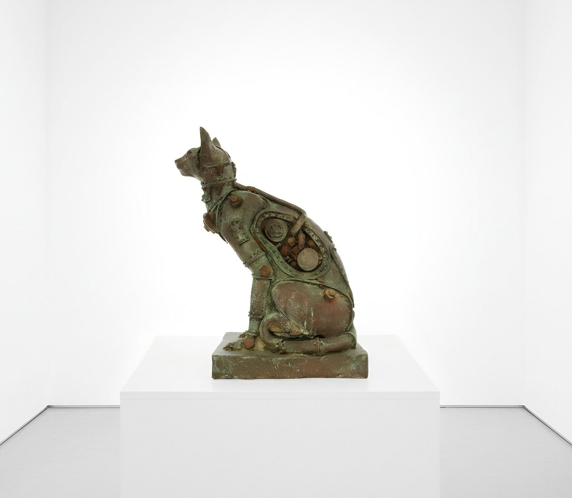 Steampunk sculpture, Bast Mechanicae, by Adam Cooley, bronze sculpture of a sitting cat with metal and mechanical details, displayed on a white pedestal in a gallery setting.