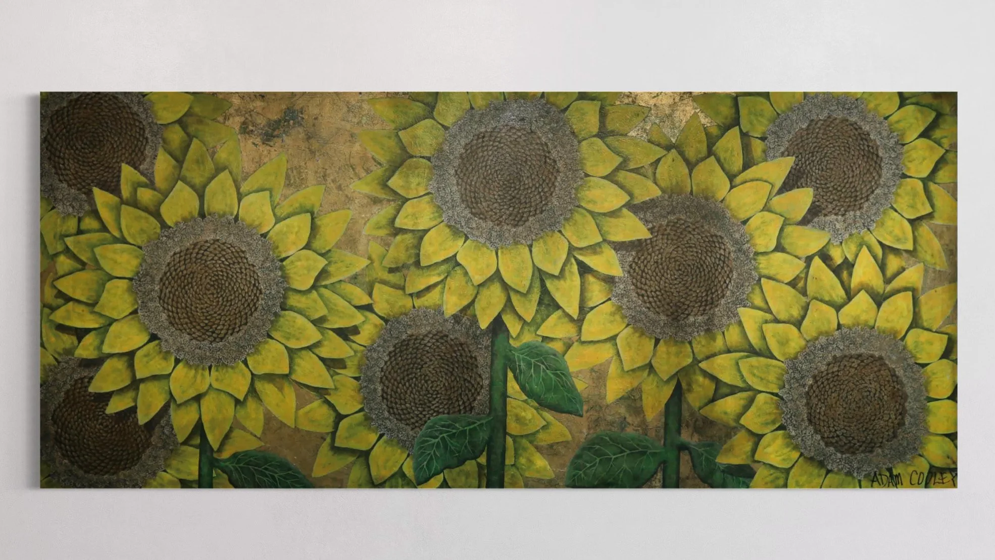 Adam Cooley, painting of sunflowers with yellow petals, brown centers, and green leaves against an earthy background.
