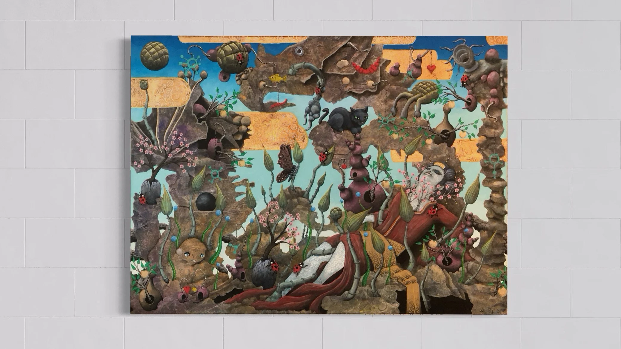 Adam Cooley, Woman Dreaming of a Cat Dreaming, painting featuring a woman surrounded by animals, plants, and symbolic objects in a densely layered composition.