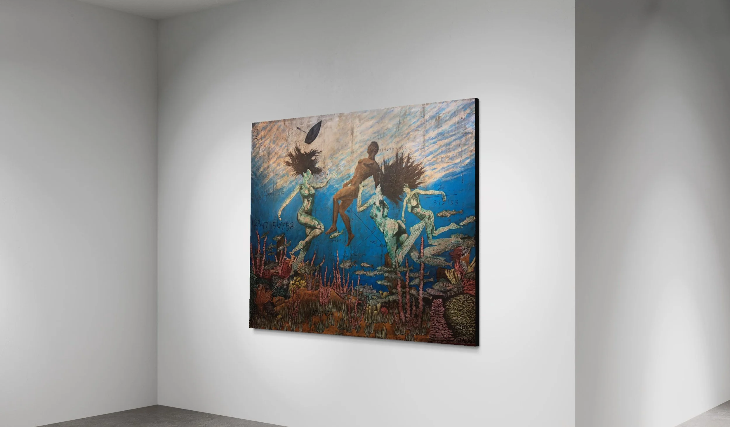 Adam Cooley, Sea of Love, painting depicting human figures underwater surrounded by fish, coral, and seaweed.