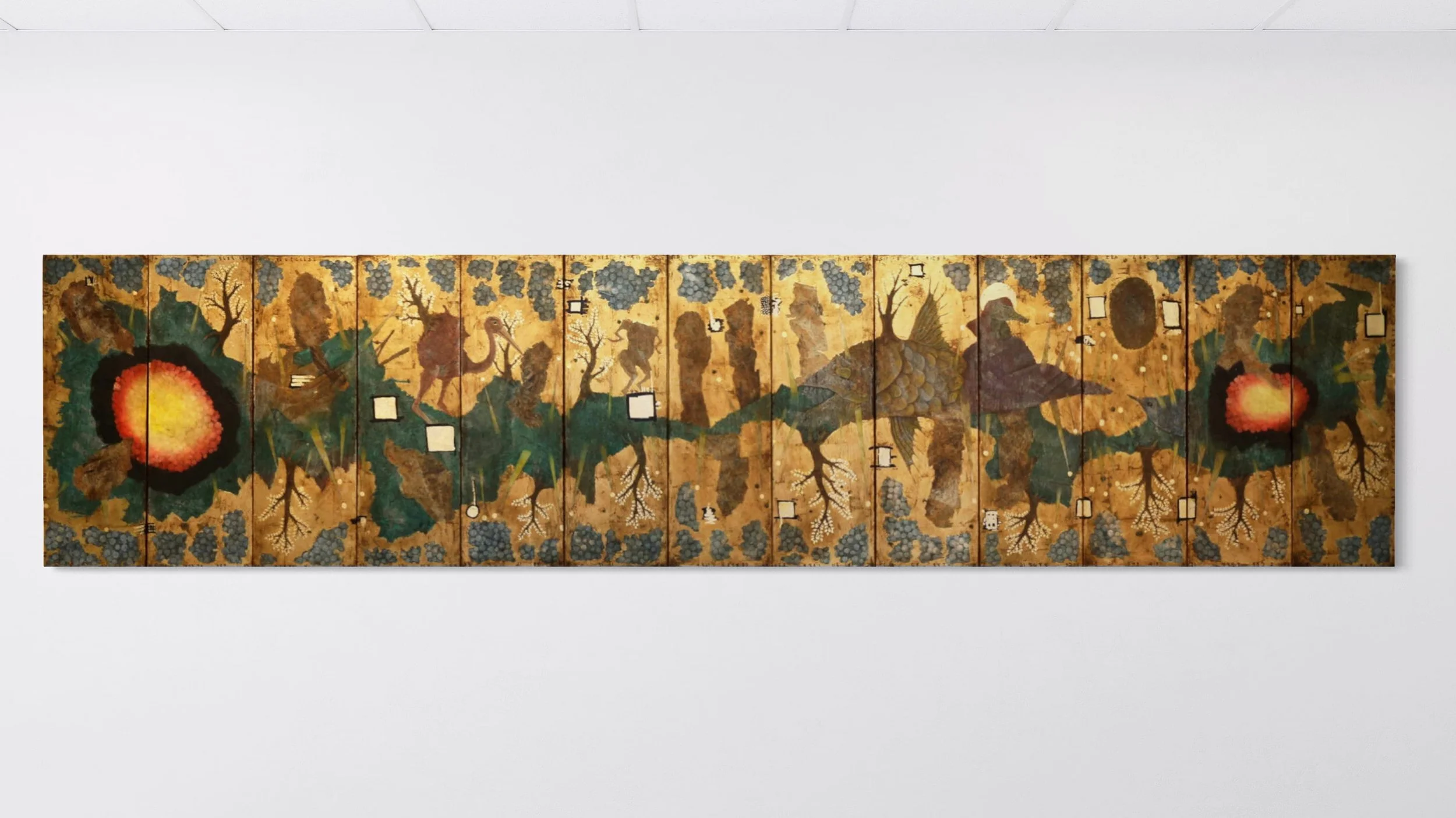Adam Cooley, The Grand Triskaidekatych, thirteen-panel painting from the Icon exhibition, depicting shrouded figures, birds, an alligator with a gilt halo, and animals across a richly layered golden surface.