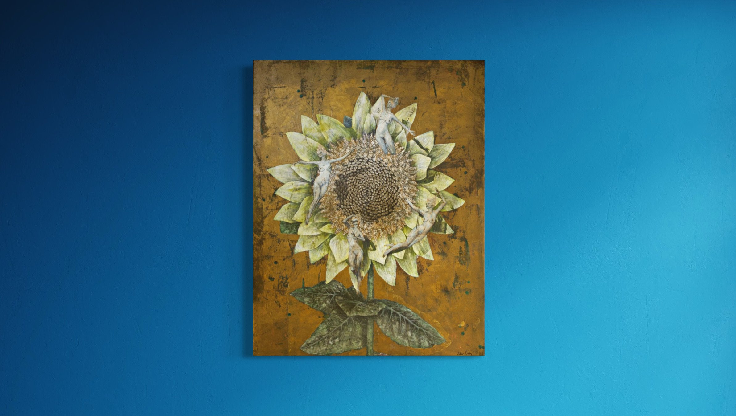 Adam Cooley, The Fairy Ring, painting of a sunflower with four intertwined human figures on a textured brown background.