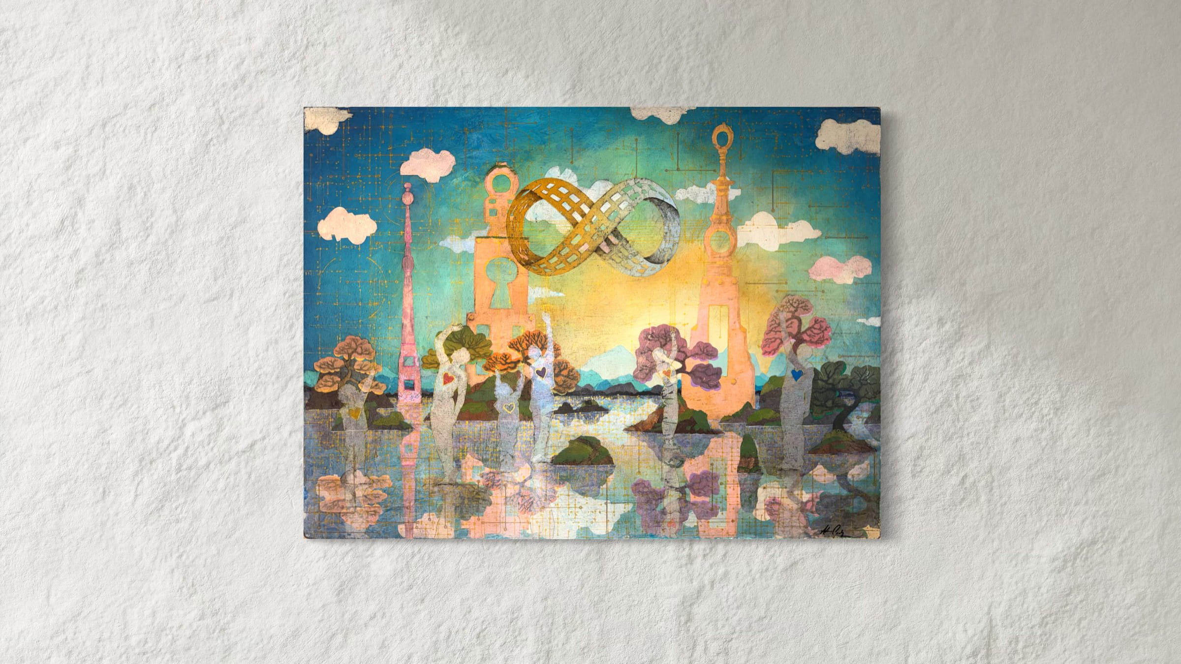 Adam Cooley, AI and the Art of Inclusion commissioned painting depicting a vision of an integrated society with AI as a positive force, featuring a colorful landscape with trees, towers, clouds, and an infinity symbol.