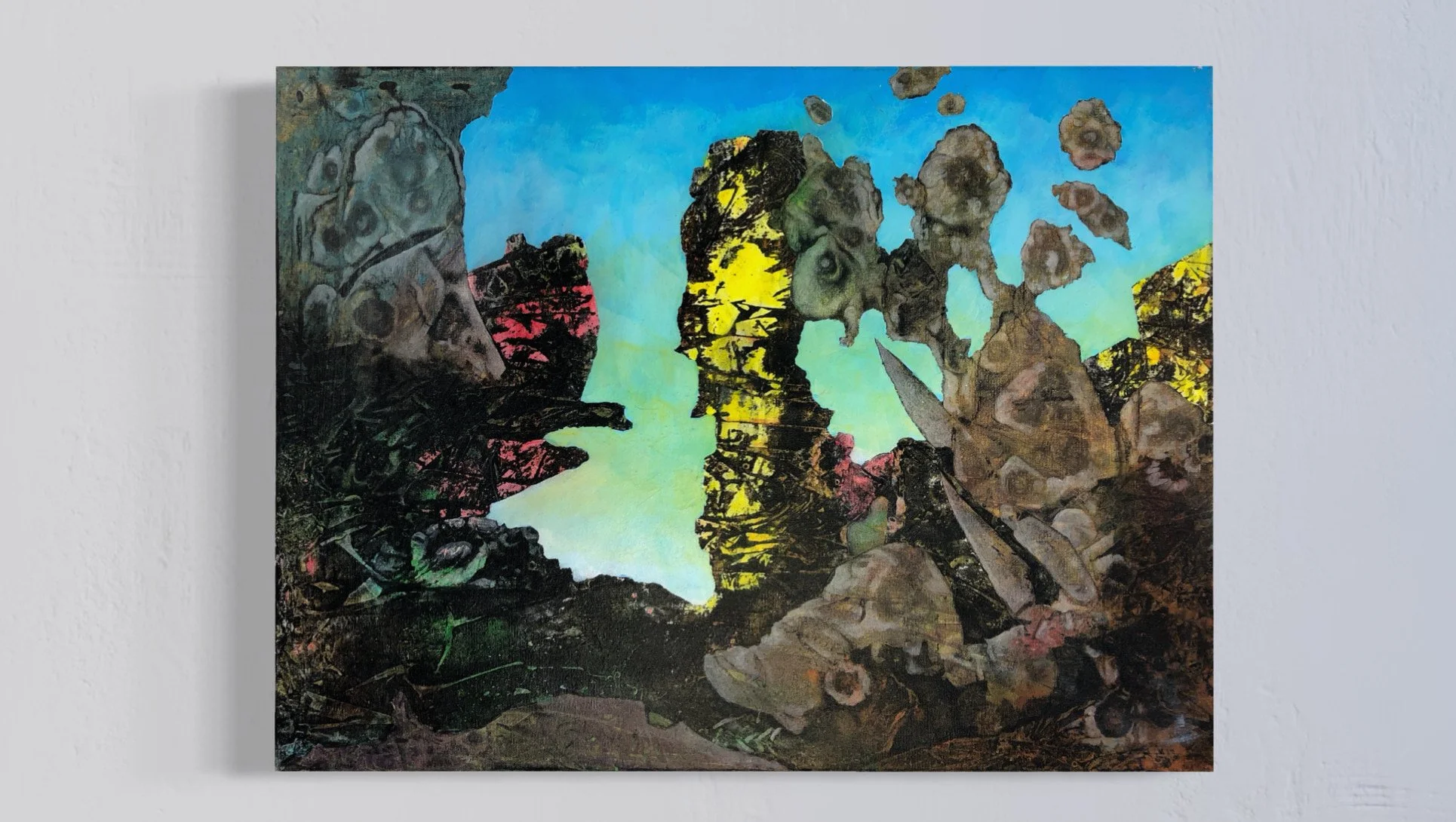 Adam Cooley, painting featuring a woman's profile silhouette formed from layered images of rocks and nature against a blue sky.