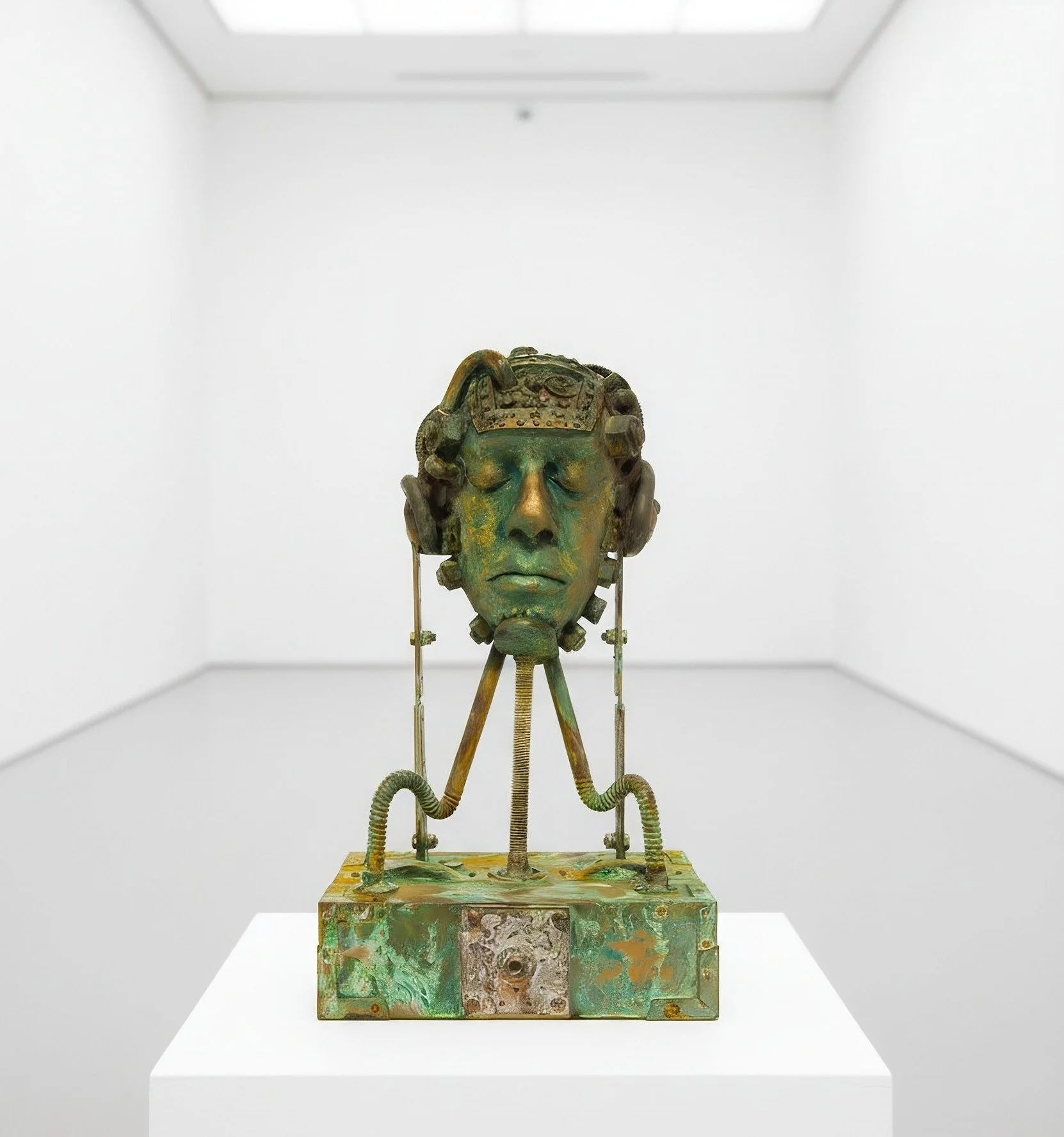 Adam Cooley, abstract sculpture of a human face with mechanical elements, mounted on a stand in a gallery setting, The Dream Machine.