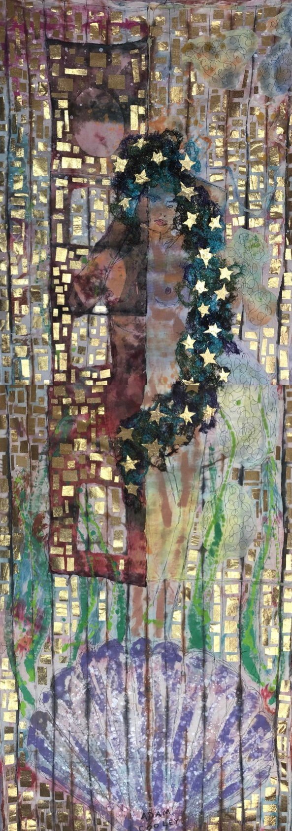 Birth of Venus Redux, 2021. hand dyed/painted/printed boro textile tapestry, 100 × 37 in.