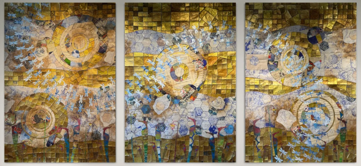 Flight of Dragonflies (triptych), 2026. painted paper fused to textile tapestry, 66 × 138 in.
