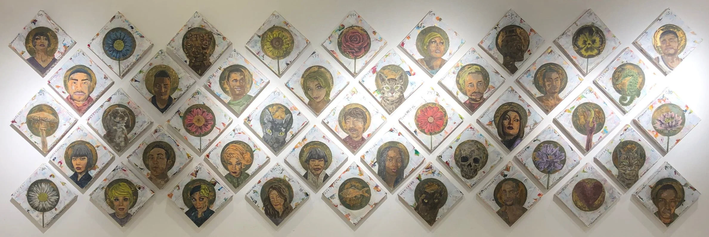 Flower of Love, 2017. installation view, acrylic/oil on canvas, 12 × 12 in. each