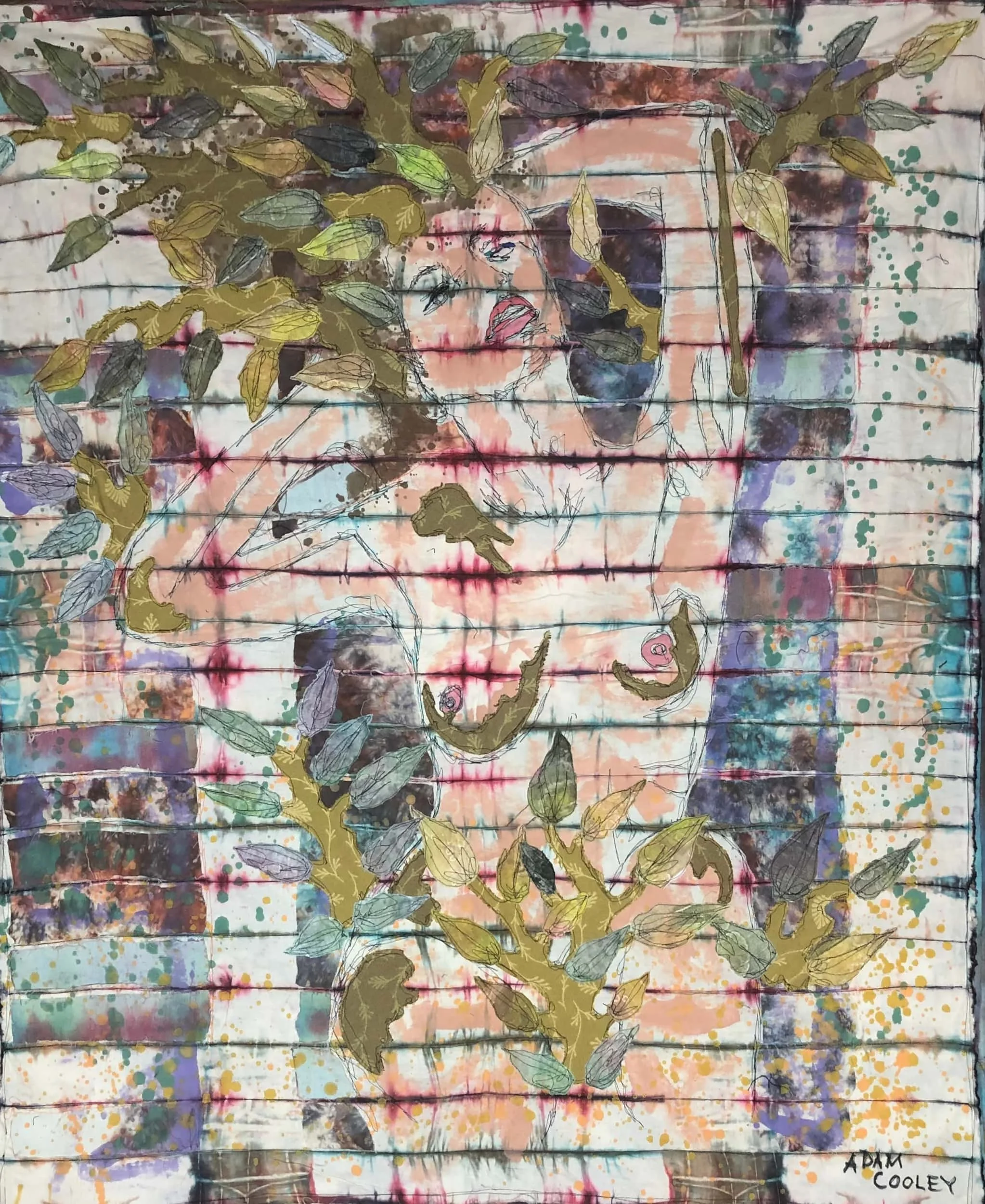 Dryad, 2021. hand dyed/painted/printed boro textile tapestry, 51 × 43 in.