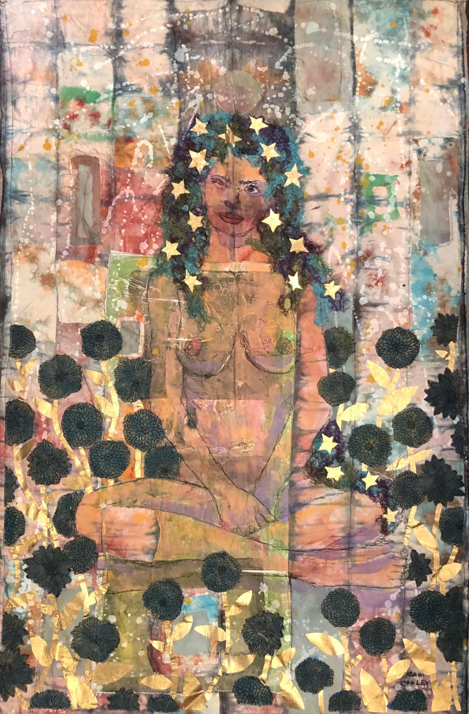 Woman with Stars and Flowers in her Hair, 2021. hand dyed/painted/printed boro textile tapestry, 65 × 43 in.