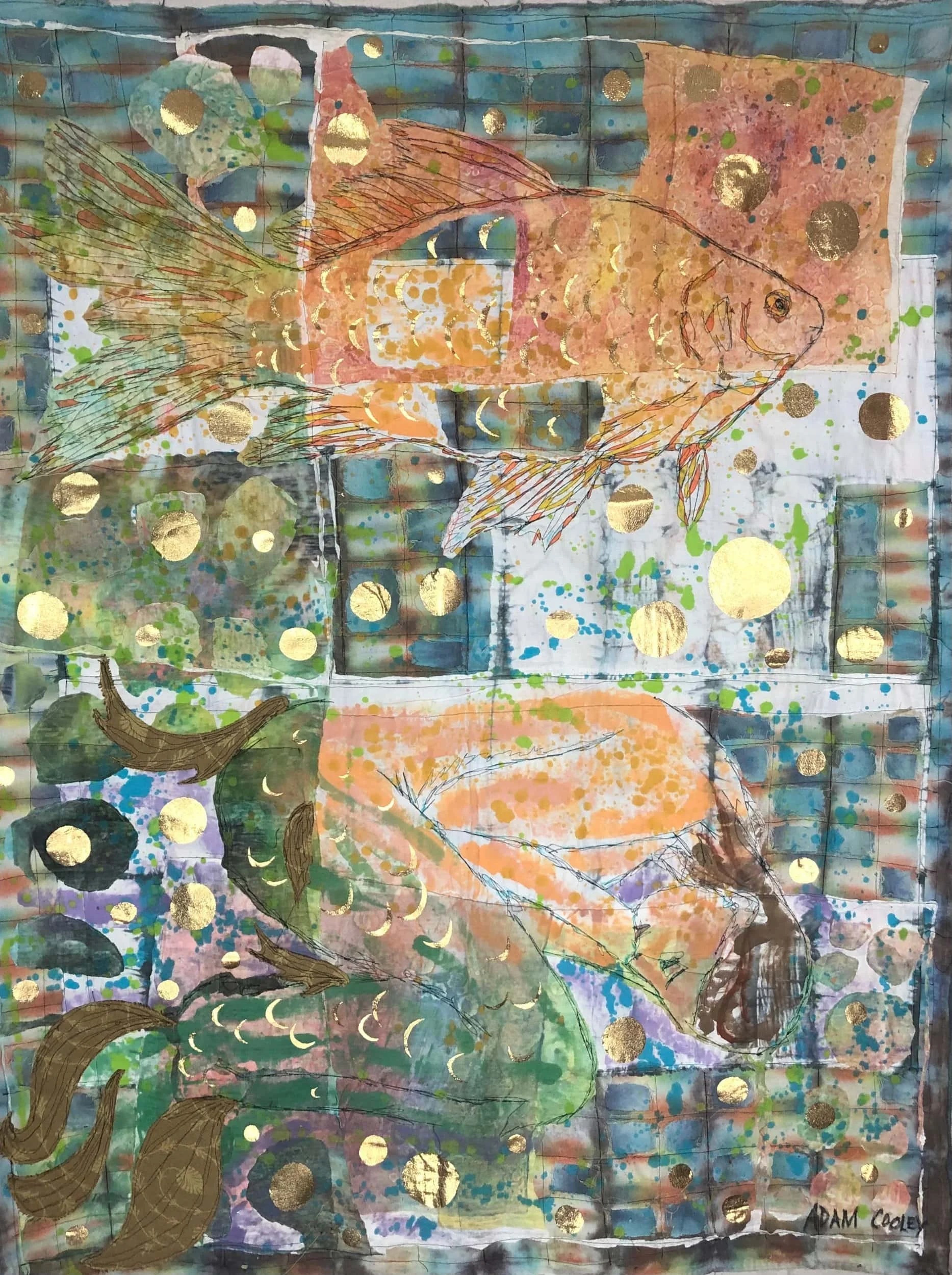 Sleeping with the Fish, 2021. hand dyed/painted/printed boro textile tapestry, 56 × 44 in.