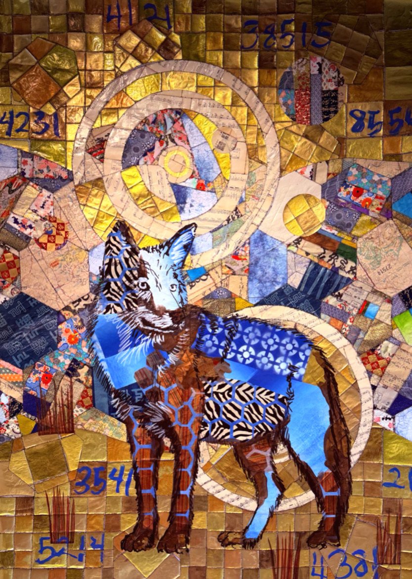 Red Wolf 1, 2026. painted paper fused to textile tapestry, 66 × 46 in.