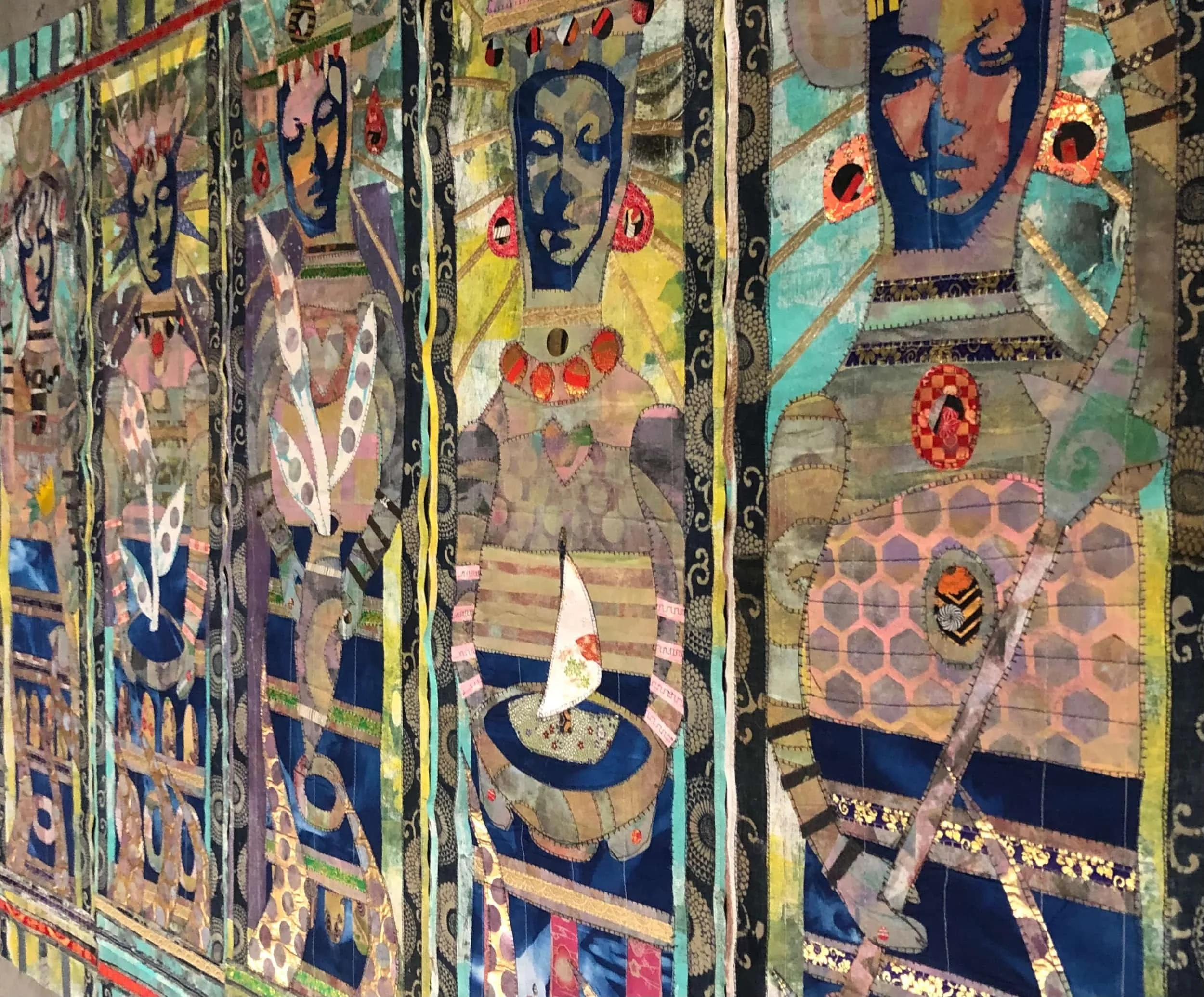 Five Aspects of Venus, 2021. hand dyed/painted/printed boro textile tapestry, 58 × 80 in.