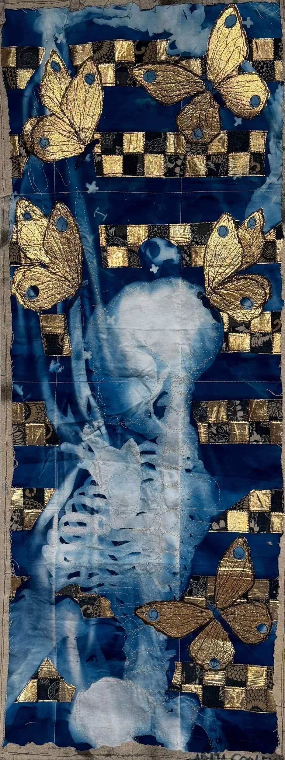 Memento Mori, 2021. cyanoytype/hand dyed/painted/printed boro textile tapestry, 46 × 17.5 in.