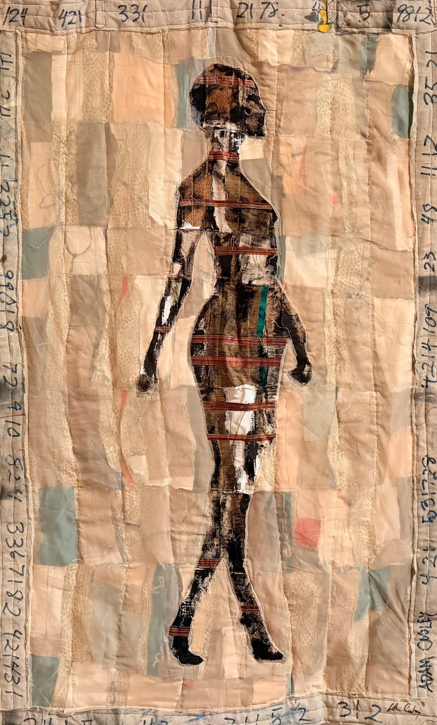 Elegant Dancer, 2021. hand dyed/painted/printed boro textile tapestry, 63 × 38 in.