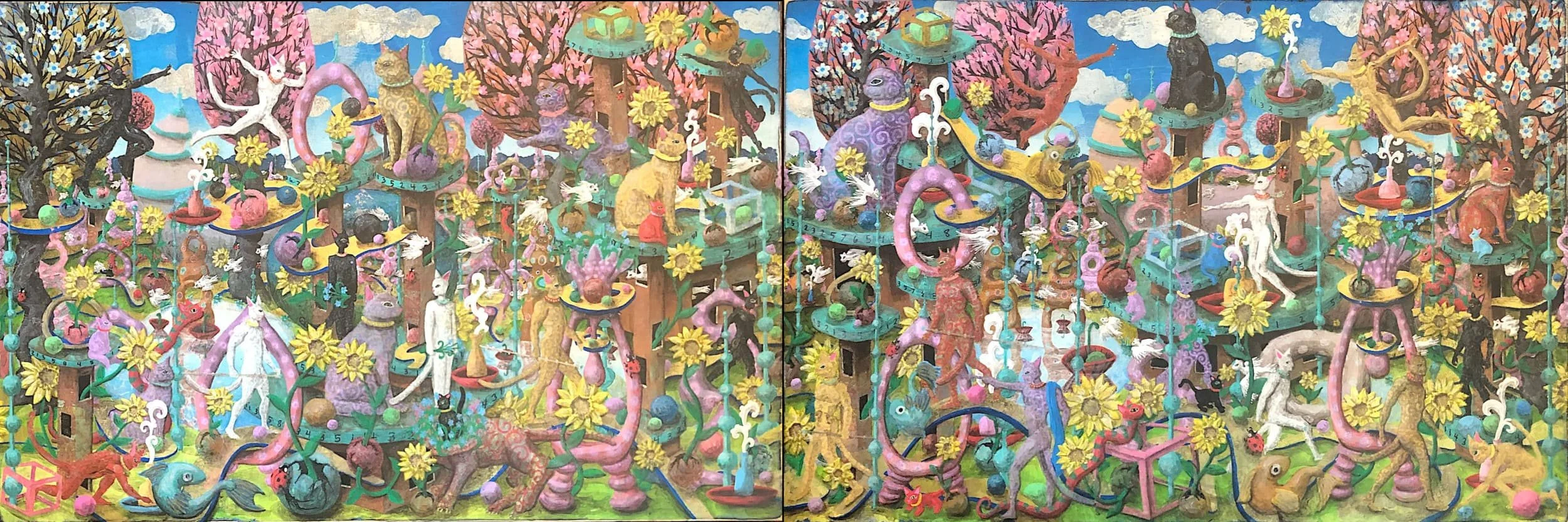 Cats in the Garden (diptych), 2024. acrylic/wax on panel, 24 × 72 in.