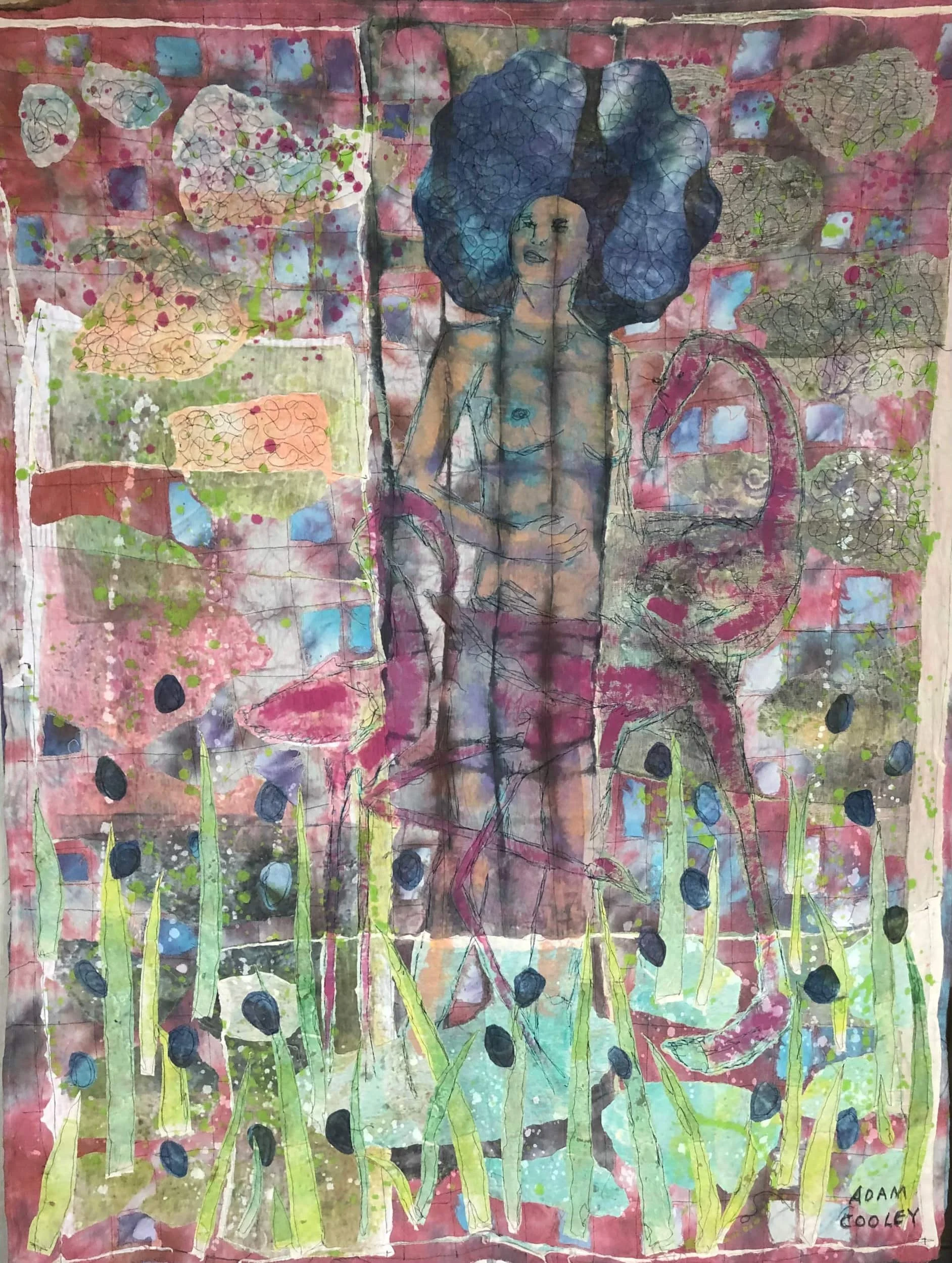 Woman with Flamingos, 2021. hand dyed/painted/printed boro textile tapestry, 57 × 44 in.
