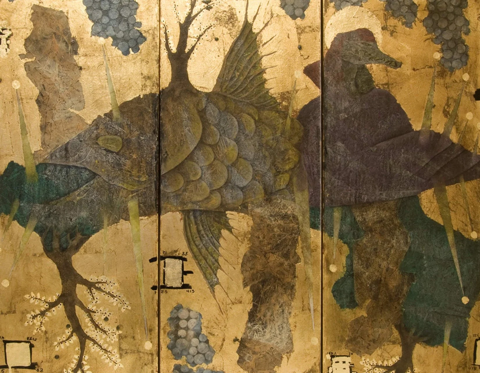 Adam Cooley, detail of The Grand Triskaidekatych, Three-panel artwork depicting a surreal scene with an alligator like figure seated on a giant fish, surrounded by ancient plants and trees.