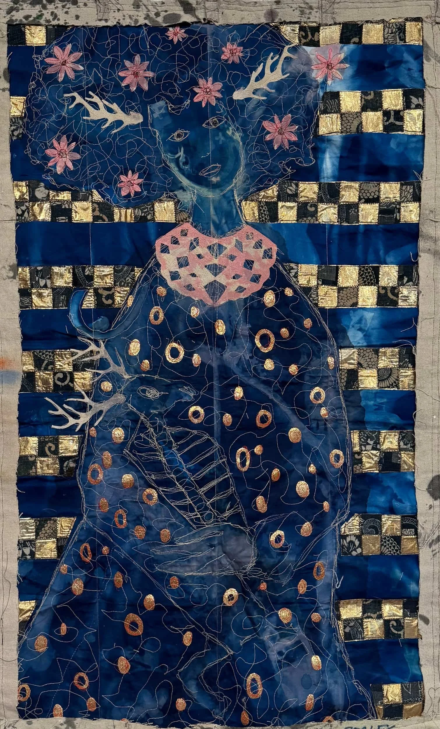 Deer Mother, 2021. cyanotype/hand dyed/painted/printed boro textile tapestry, 46 × 28.5 in.