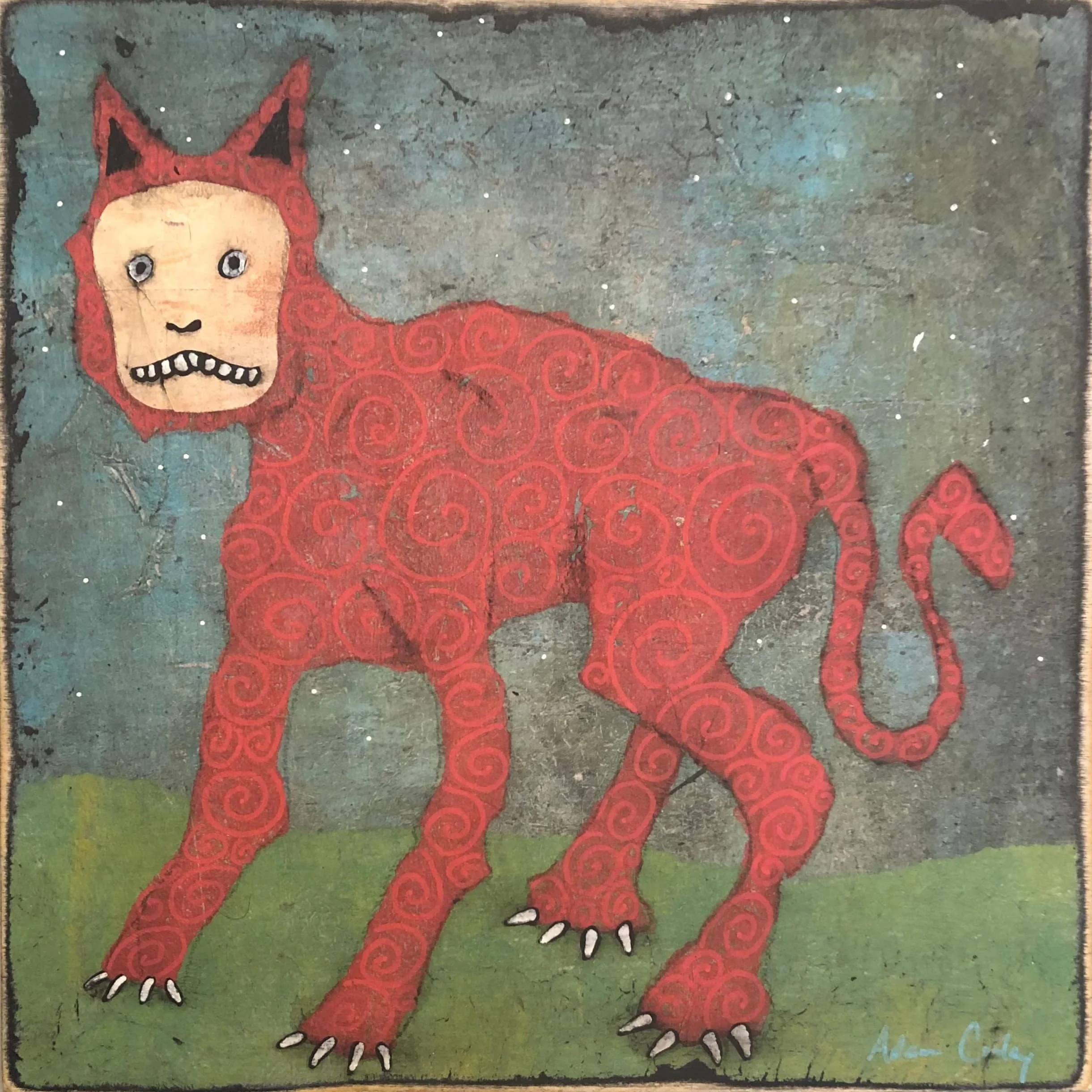 Man Face Dog Red, 2021. acrylic/wax on panel, 12 × 12 in.