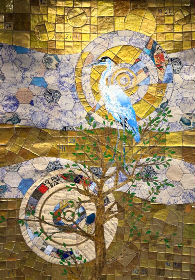 Blue Heron, 2026. painted paper fused to textile tapestry, 66 × 46 in.