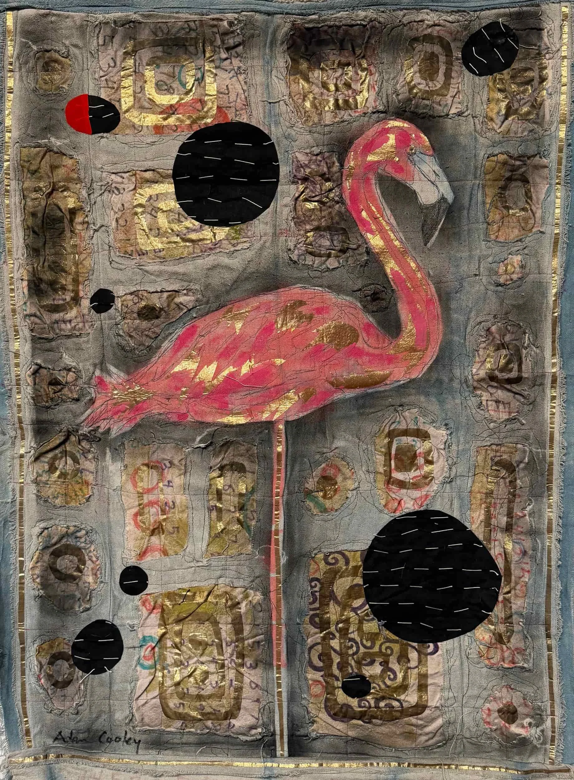Flamingo 2, 2021. hand dyed/painted/printed boro textile tapestry, 46 × 32 in.