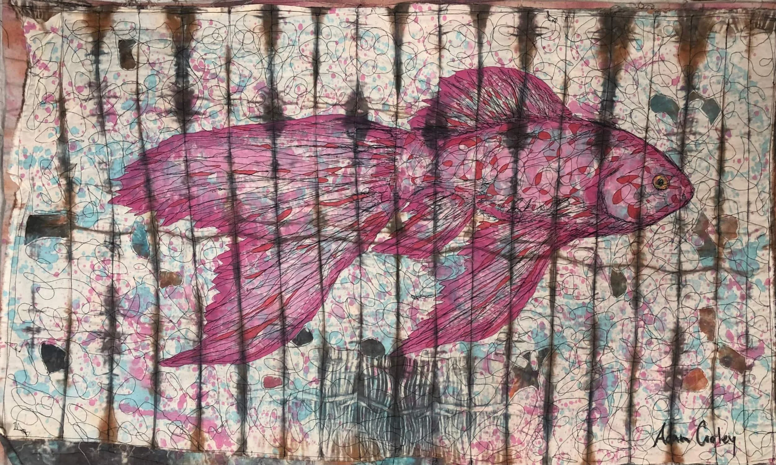 Beta Fish, 2021. hand dyed/painted/printed boro textile tapestry, 26 × 44 in.