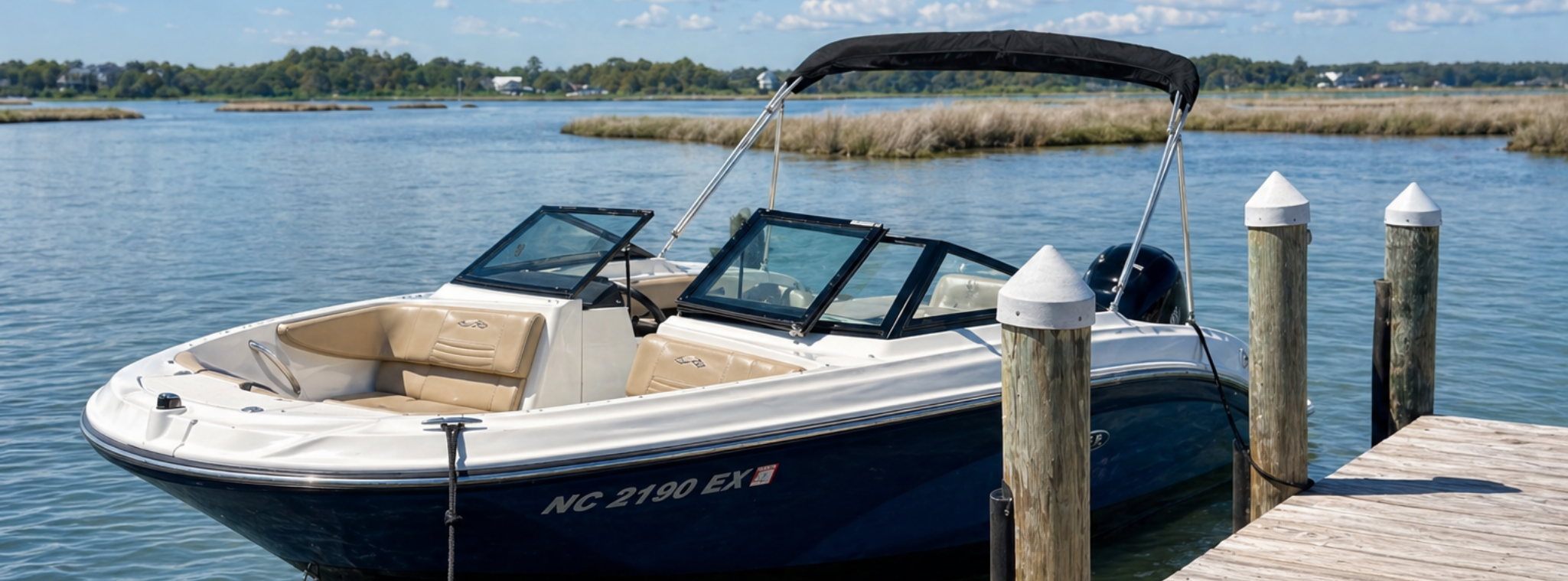 A white and navy blue motorboat moored at a wooden dock on a calm body of water, with grassy islands and trees in the background.