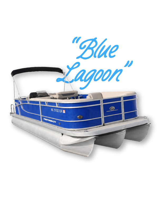 A blue and white pontoon boat with a neon blue sign that says "Blue Lagoon" in the background.