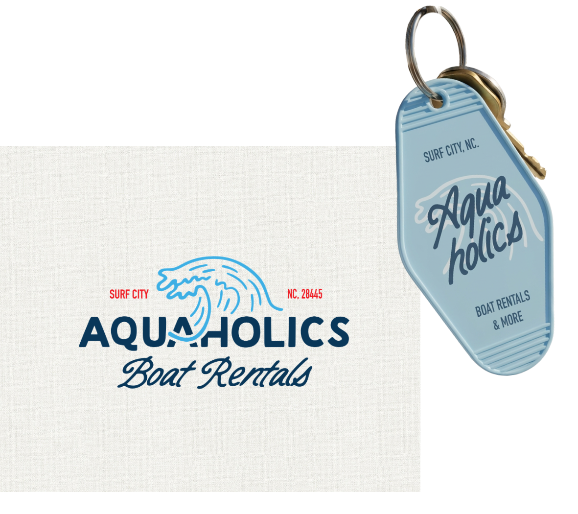 A white card with the logo of Aquaholics Boat Rentals, featuring a stylized wave, and the text 'Surf City NC.' and '28445'. Next to the card, there is a blue keychain with the same logo and text, attached to gold keys.