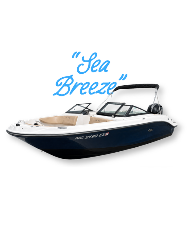 A white and navy blue speedboat with the registration number NC 2190 EX, featuring beige interior seats, a black canopy, and a neon sign with blue cursive text reading 'Let's go boating' in the background.