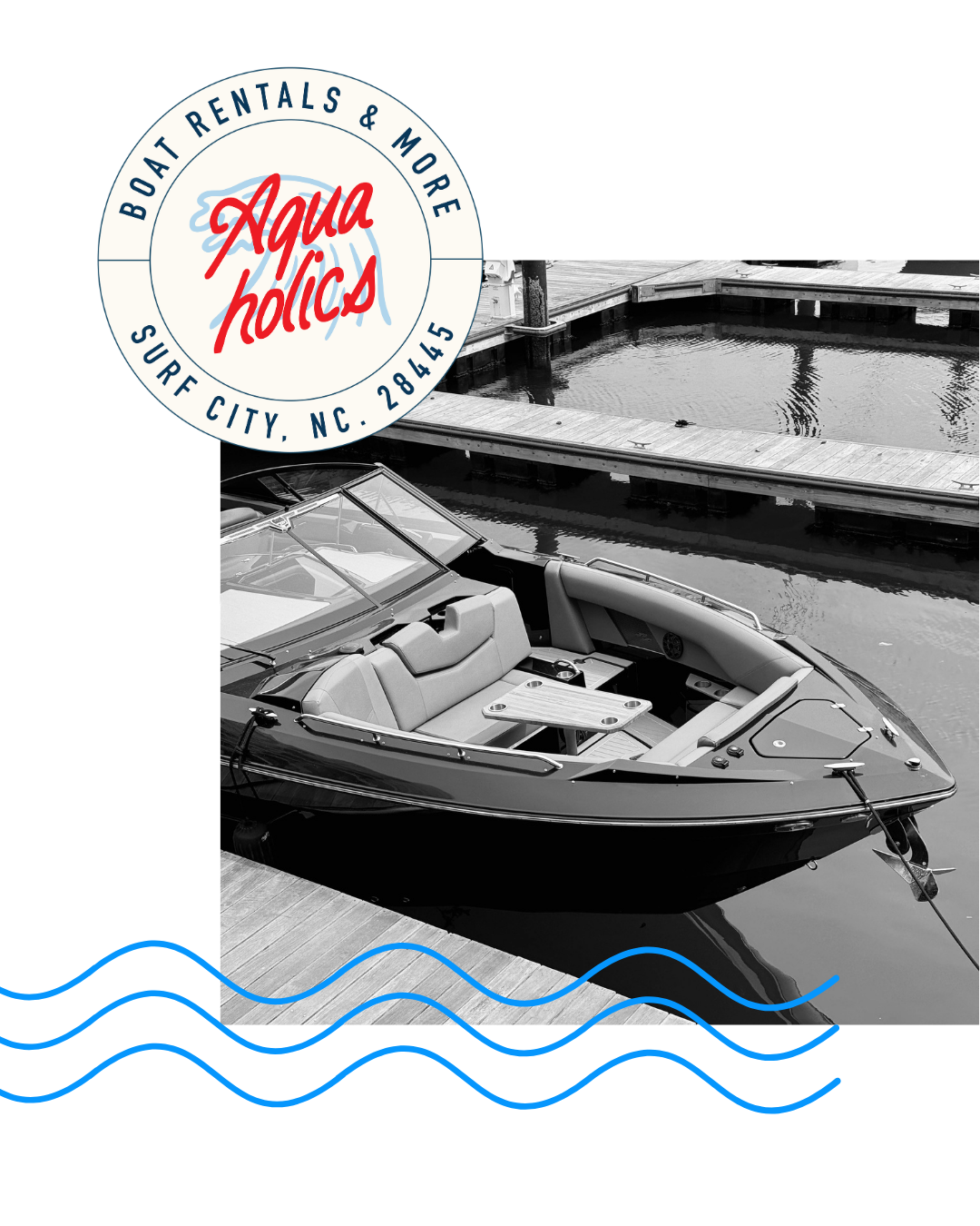 A black and white photo of a boat docked at a marina with a wooden pier. A circular logo in the top left corner reads 'Aqua Holics Boat Rentals & More, Surf City, NC. 28445' with a red and blue design.