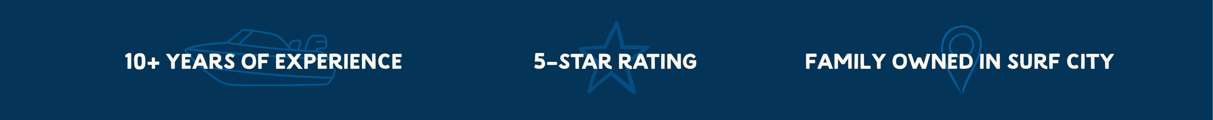 Graphic displaying three icons and texts: a boat icon with '10+ YEARS OF EXPERIENCE', a star icon with '5-STAR RATING', and a map pin icon with 'FAMILY OWNED IN SURF CITY' on a dark blue background.