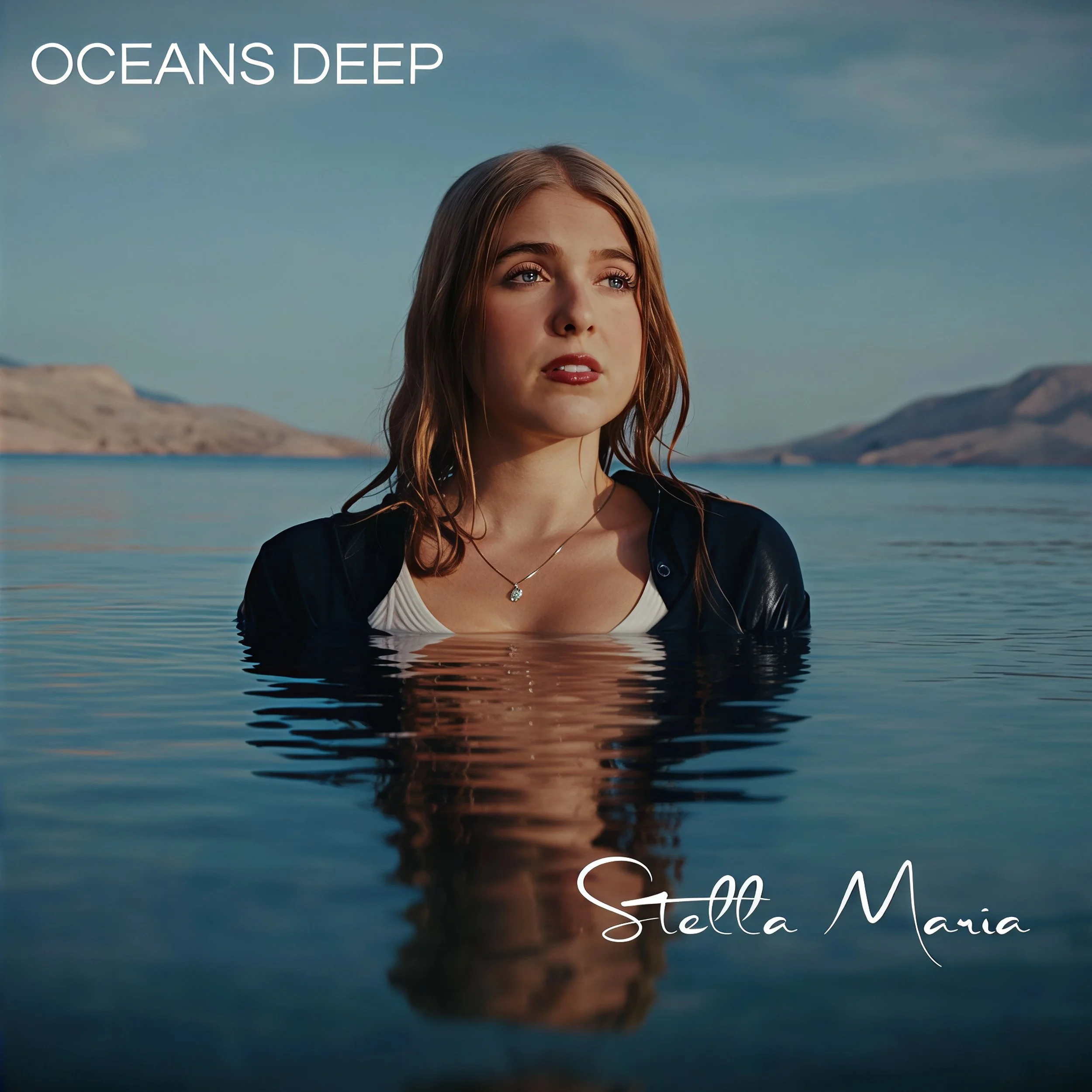 Nahaufnahme eines jungen Mädchens mit langen braunen Haaren, das im Wasser steht und nach oben blickt. Im Hintergrund sind Berge und ein Himmel mit wenigen Wolken sichtbar. Text auf dem Bild: 'Oceans Deep' und 'Stella Maria'.