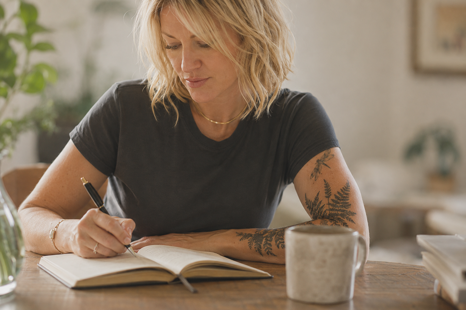 Woman with blonde hair writing in a notebook at a wooden table, with tattoos on her arm, a mug, and books around her.
