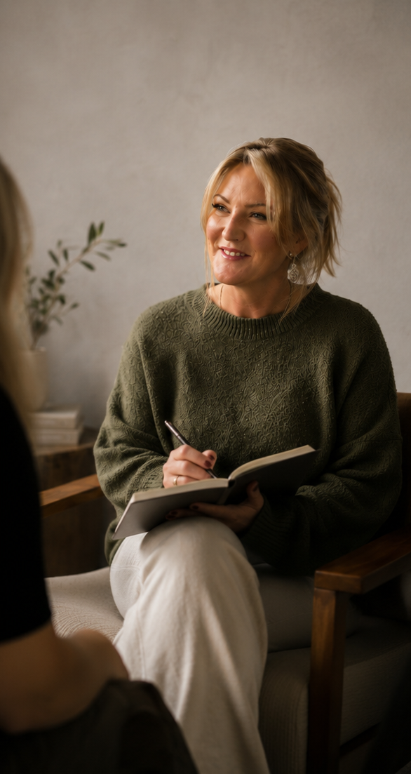 A woman with blonde hair wearing a green sweater and beige pants, smiling while taking notes in a notebook during a conversation in a cozy room.
